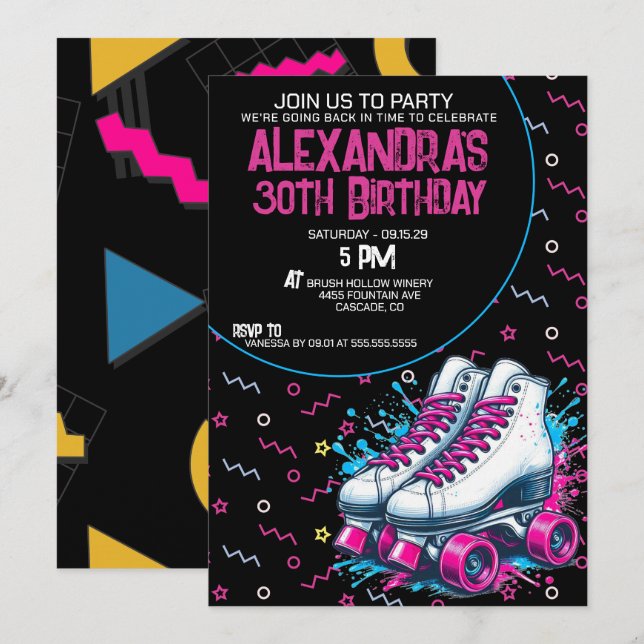 Convites Festa de aniversário de patinação do cilindro 90 d (Frente/Verso)