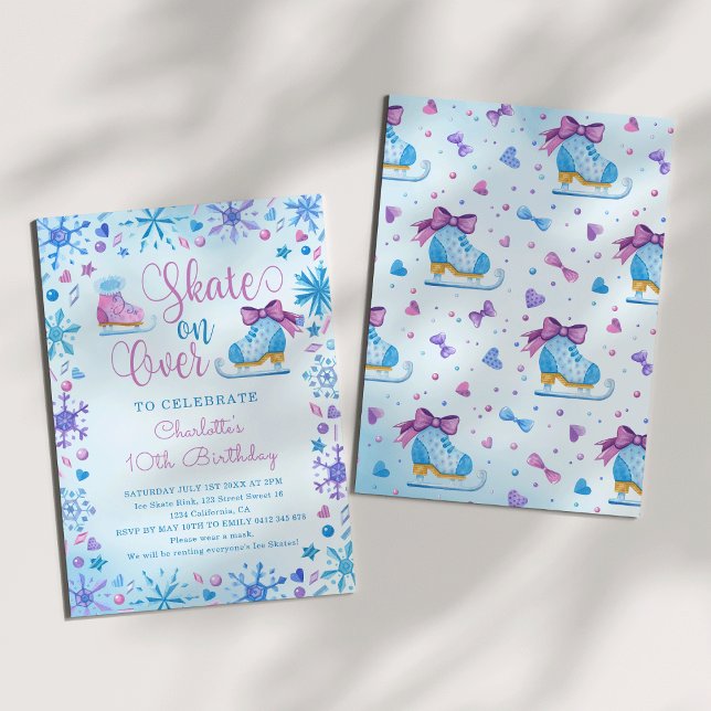 Convites Festa de Aniversário de Patinação no Gelo Conto de (Ice Skating Watercolor Frozen Fairy Tale Snowflakes Hearts Ice Crystals Birthday Invitation
)