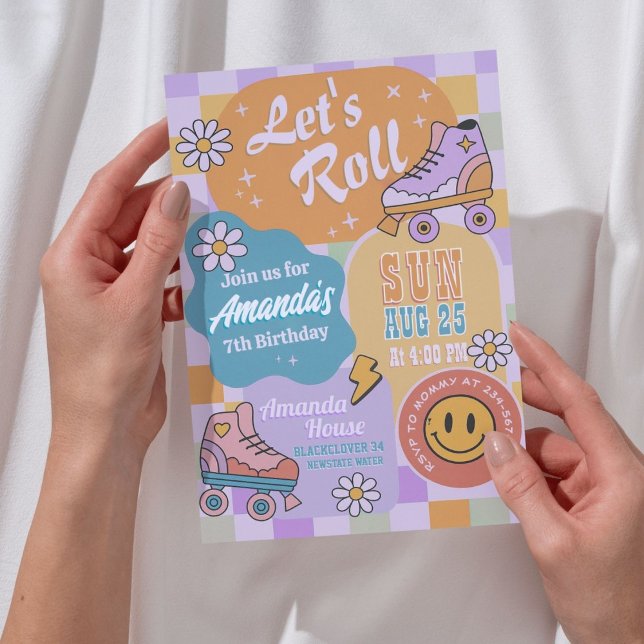 Convites Festa de Aniversário de Patins - Retro Groovy (Zazzle Roller Skate Birthday Party - Retro Groovy Invitation)