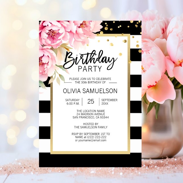 Convites Festa de aniversário de Peões Cor-de-Rosa Pretos S (Black White Watercolor Pink Floral Birthday Party Invitation)