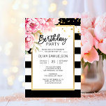 Convites Festa de aniversário de Peões Cor-de-Rosa Pretos S<br><div class="desc">Trendy e moderno convite para modelos editáveis para Festas de aniversário para meninas/mulheres em listras brancas e negras. Moldura de ouro com cor d'água rosa/flor de pedras no canto. Todo o texto pode ser editado e alterado; fonte, cor e tamanho. Entre em contato com o designer para obter outras variações...</div>