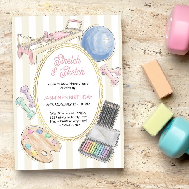 Convites Festa de Aniversário de Pilates Yoga Arte Stretch  (Stretch and Sketch invitation - activity based celebration, fitness / craft workshop event etc)