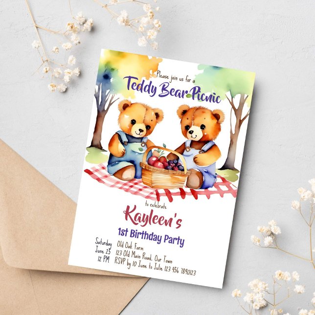 Convites Festa de aniversário de piquenique de urso (Teddy bear picnic birthday party template invitation digital download two cute teddies on a blanket)