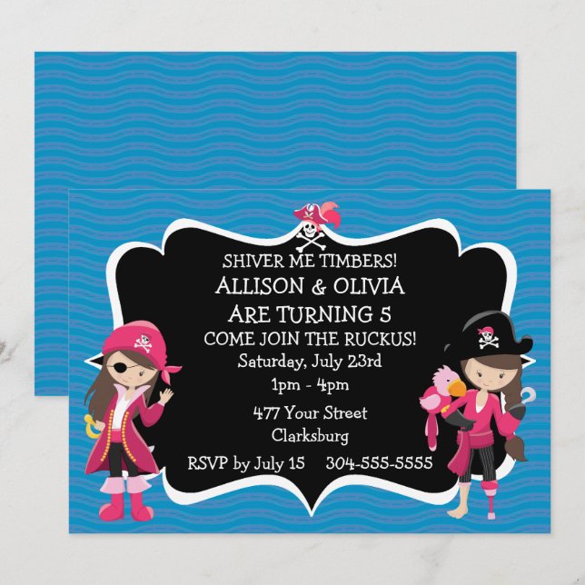Convites Festa de aniversário de Piratas Gêmeas (Frente/Verso)