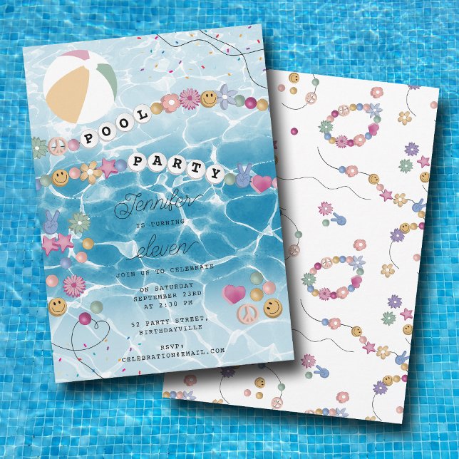 Convites Festa de aniversário de Piscina da Garota de Brace (Friendship Bracelet Girl Pool Swim Birthday Party Invitation)