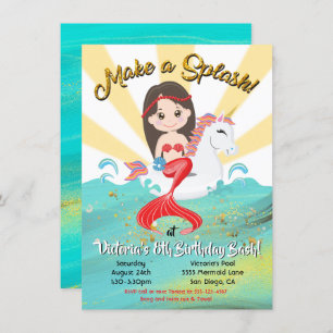 Convites Festa de aniversário de Piscina de Sereia Unicorn
