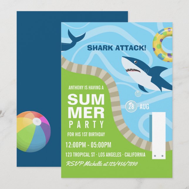 Convites Festa de aniversário de Piscina de Verão com tema  (Frente/Verso)