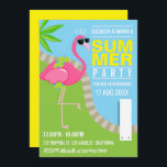 Convites Festa de aniversário de Piscina Flamingo, rosa leg<br><div class="desc">A piscina de aniversário personalizada convida a apresentar um flamingo branco,  rosa,  vestindo óculos escuros personalizáveis de acordo com as especificações do seu evento.</div>