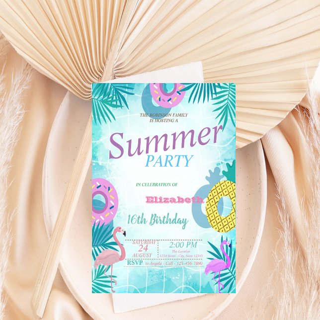 Convites Festa de aniversário de Piscina Flamingo Summer (Criador carregado)