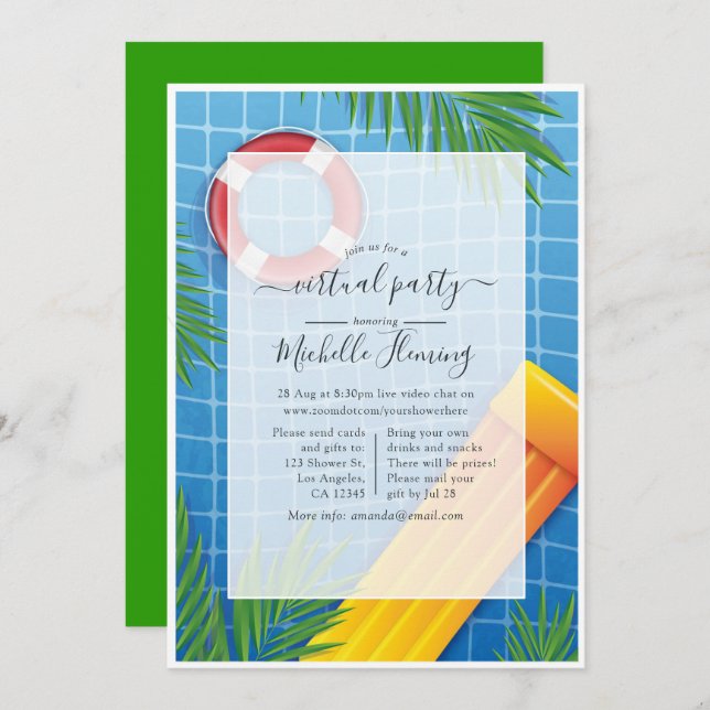 Convites Festa de aniversário de Piscina virtual tropical (Frente/Verso)