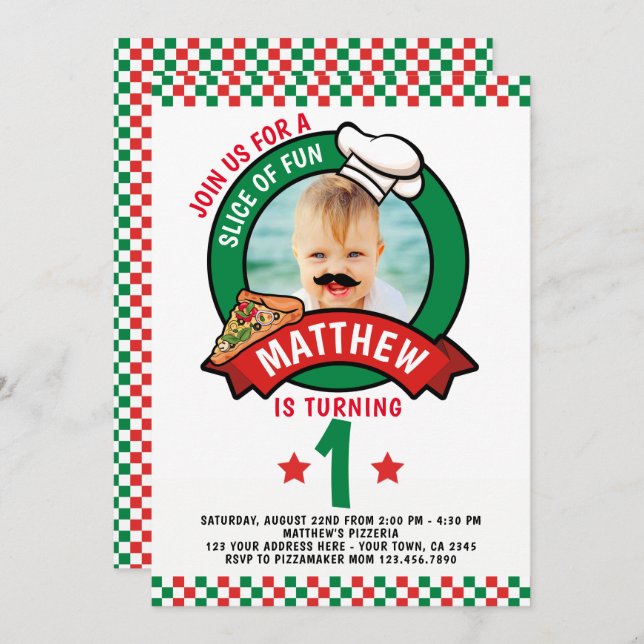 Convites Festa de aniversário de pizza (Frente/Verso)