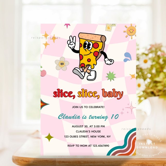 Convites Festa de aniversário de pizza hippie (Pizza Party, Pizza Birthday Invitation, Slice Slice Baby Invitation, Pizza Making Birthday, Retro Pi)
