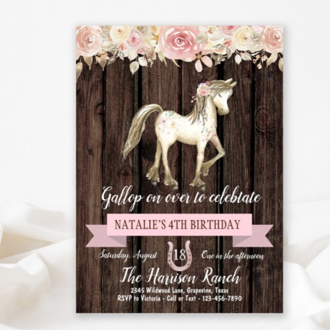 Convites Festa de aniversário de pônei com flor em água (Cute pony any number birthday party invitation.)
