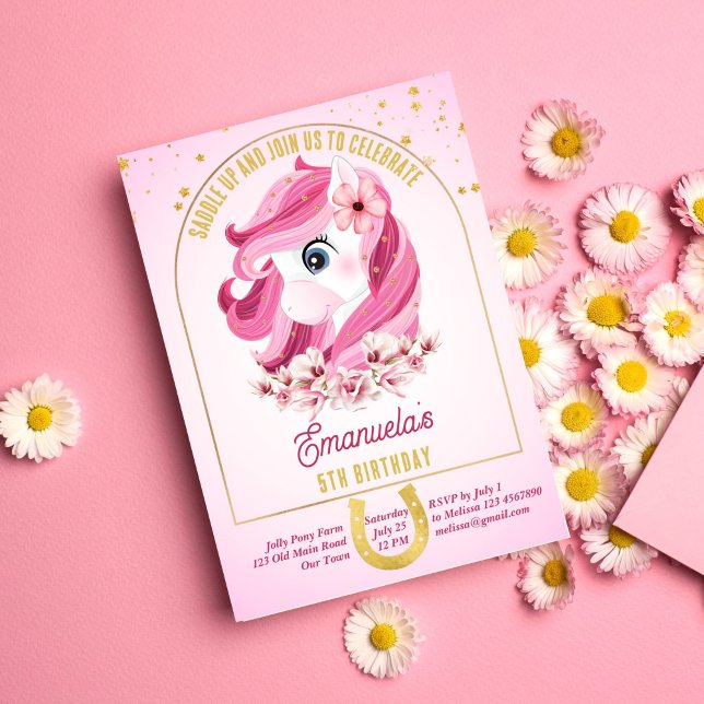 Convites Festa de aniversário de pônei sela cavalos rosa e  (Criador carregado)