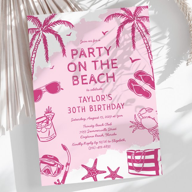 Convites Festa de aniversário de porta rosa da praia costei (Criador carregado)