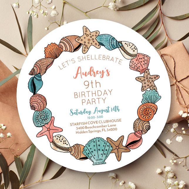 Convites Festa de aniversário de praia do Seashells (Seashell Illustration Beach Theme Birthday Party Invitation - Shellebration)