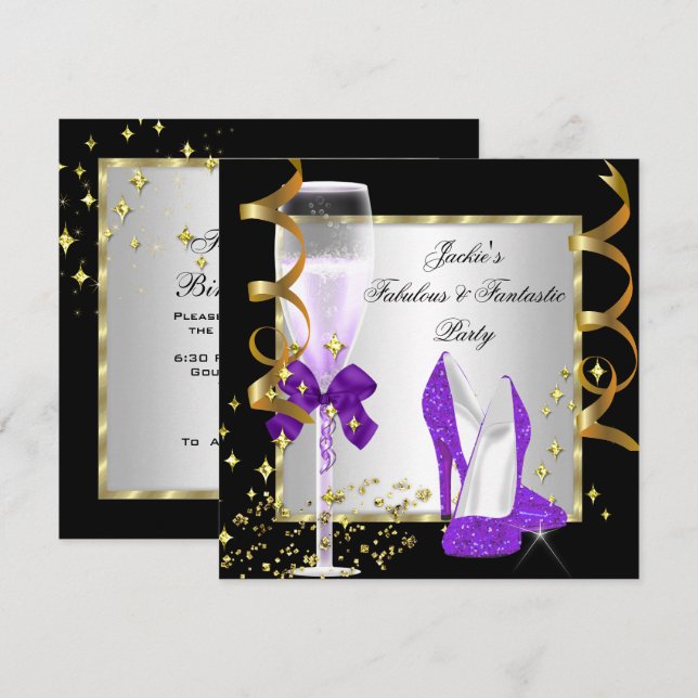 Convites Festa de aniversário de prata negra púrpura (Frente/Verso)