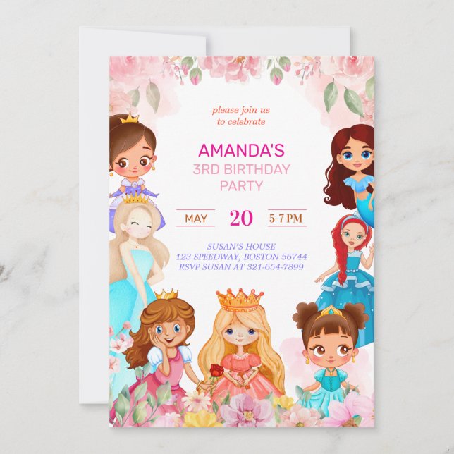 Convites Festa de aniversário de Princesa Convidada para 3  (Frente)