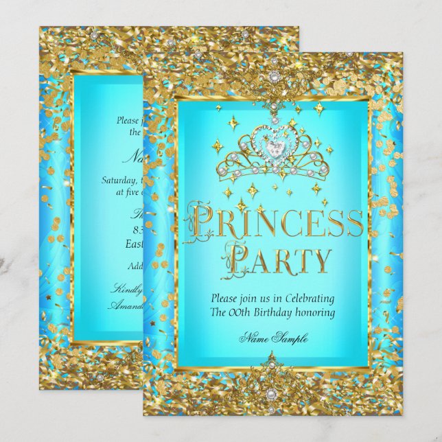 Convites Festa de Aniversário de Princesa Tiara Azul Turque (Frente/Verso)