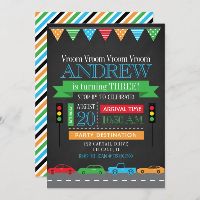 Convites Festa de aniversário de quadro de automóveis (Frente/Verso)