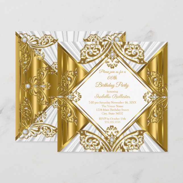 Convites Festa de Aniversário de Qualquer Idade branco Ouro (Frente/Verso)