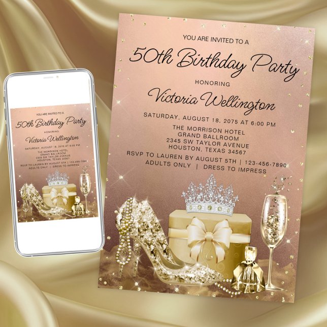 Convites Festa de Aniversário de Qualquer Número em Rose Go (Womans rose gold any number birthday invitation. Instant download and printed invitations available.)
