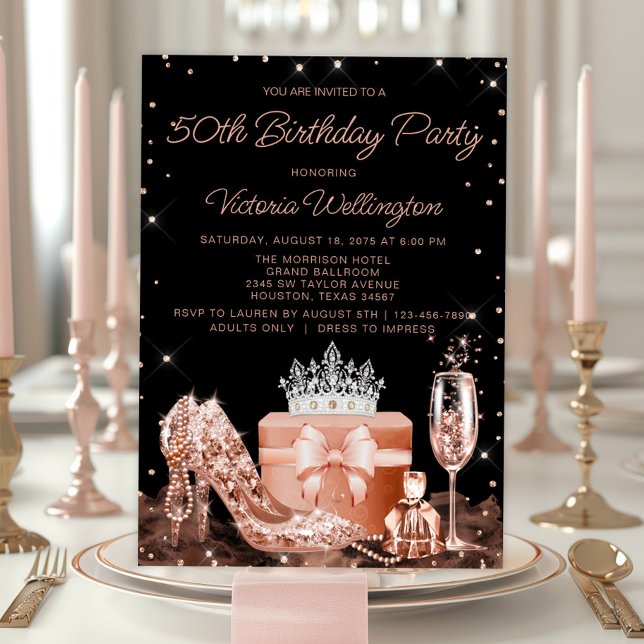 Convites Festa de Aniversário de Qualquer Número em Rose Go (Elegant rose gold any event and birthday invitation. Add your details. Background color can change.)
