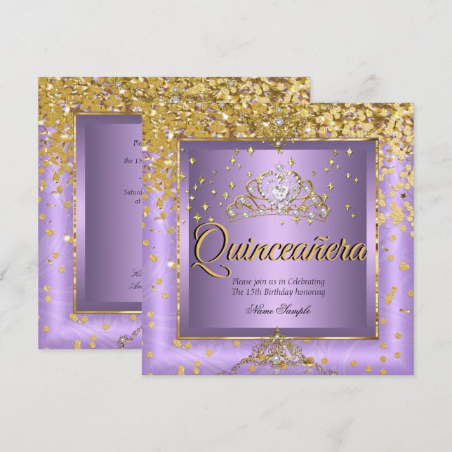 Convites Festa de Aniversário de Quinceanera Dourado Lavand (Frente/Verso)