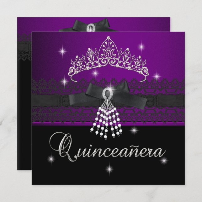 Convites Festa de aniversário de Quinceanera, preto roxo (Frente/Verso)