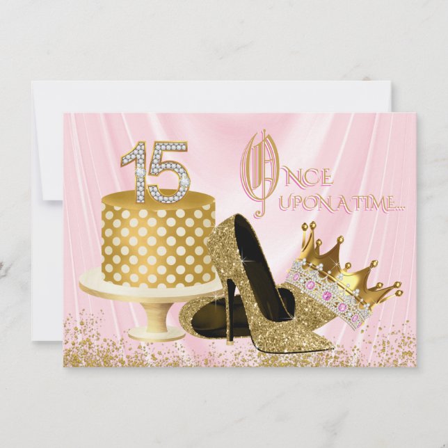 Convites Festa de aniversário de Quinceanera rosa e Dourada (Frente)