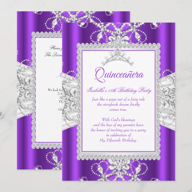 Convites Festa de aniversário de Quinceanera Roxo Tiara (Frente/Verso)