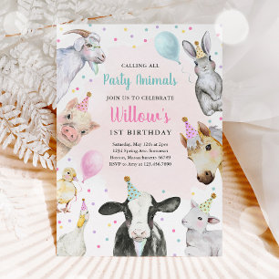 Convites Festa de aniversário de quintal rosa de animais de