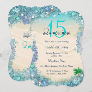 Convites Festa de Aniversário de Quinze Anos Azul Teal Arei
