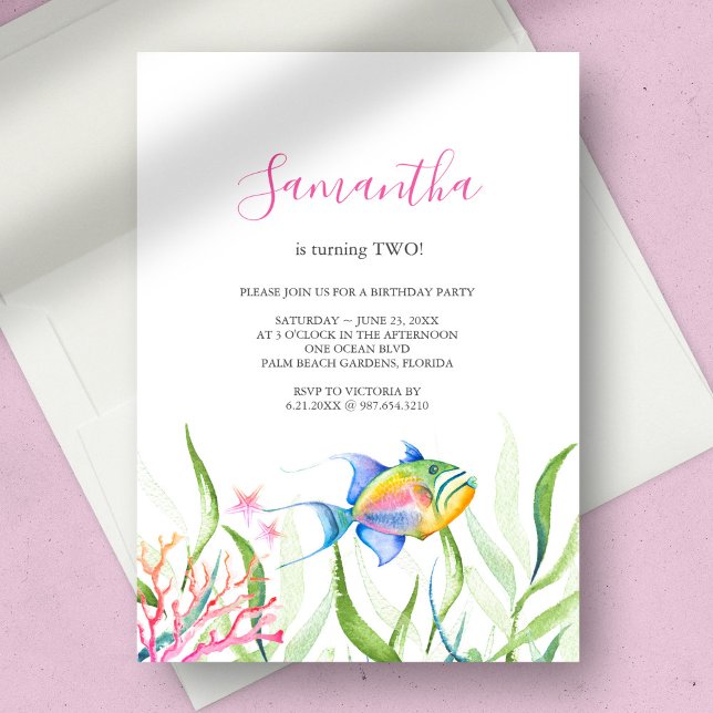 Convites Festa de aniversário De Rapariga De Peixe Tropical (birthday party invitation girl tropical fish watercolor )