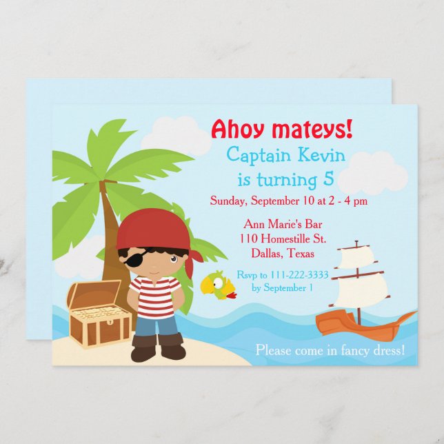 Convites Festa de aniversário de Rapaz Pirata da América Cu (Frente/Verso)