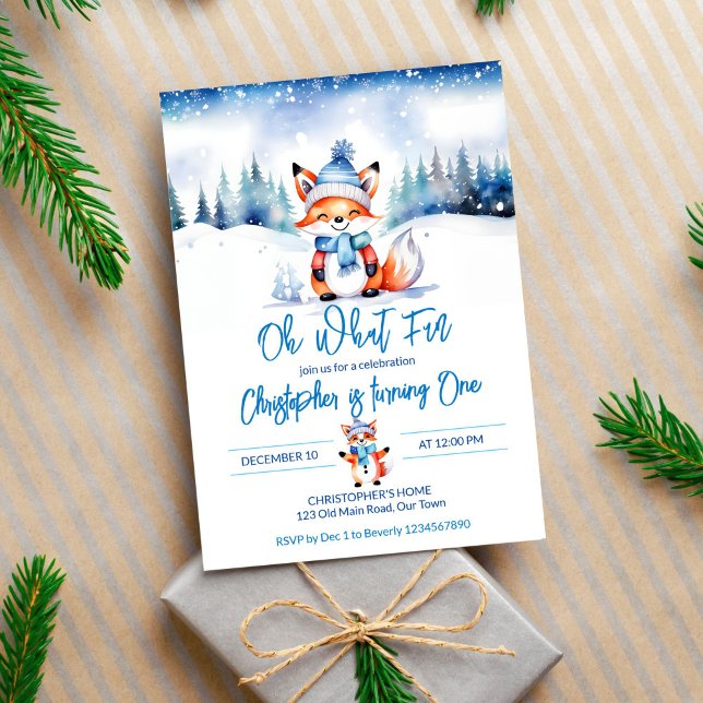 Convites Festa de aniversário de raposa fofa de inverno (Winter onderland cute fox birthday editable template invitation digital download watercolor forest)