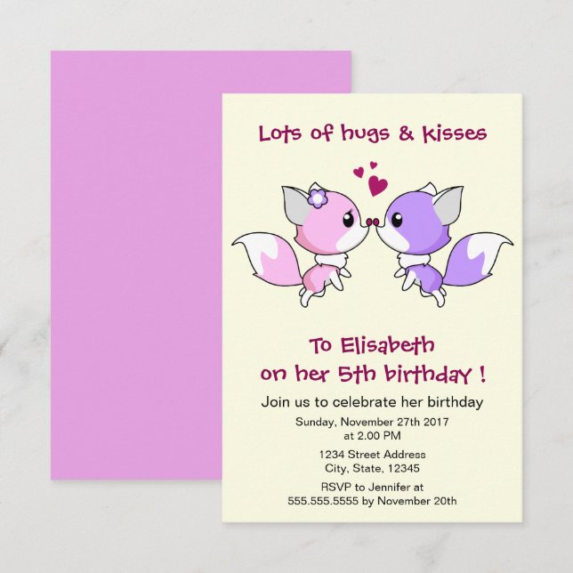 Convites Festa de aniversário de raposas de raposas de kawa (Frente/Verso)