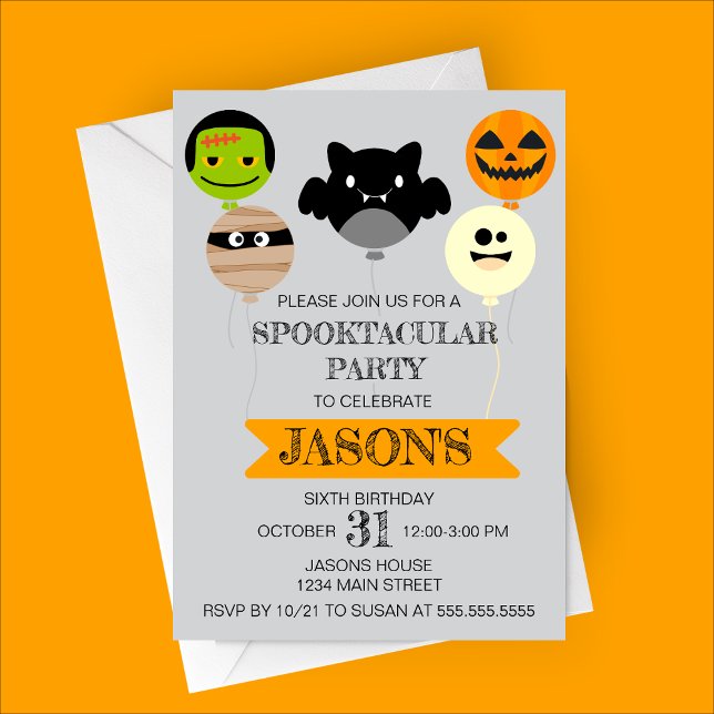 Convites Festa de aniversário de Reprodução dos Balões de H (Halloween Balloons Birthday Party Invitation | Zombie, Bat, Mummy, Pumpkin, Ghost Balloons)