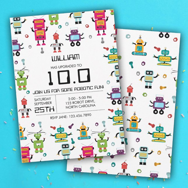 Convites Festa de aniversário de robôs coloridos (Cute Colorful Robot Kids Robots Birthday Party Invitation)