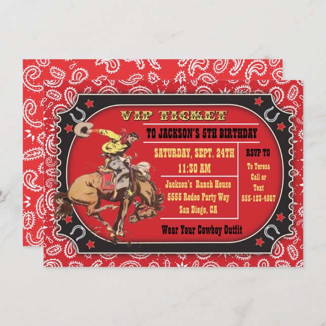 Convites Festa de aniversário de Rodeio Western Cowboy (Frente/Verso)