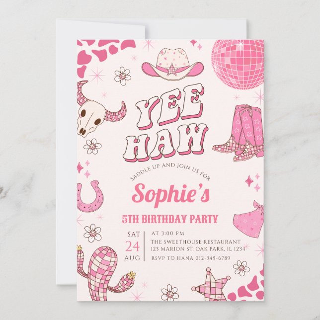 Convites Festa de aniversário de Rodeo de Cowgirl Rosa (Frente)