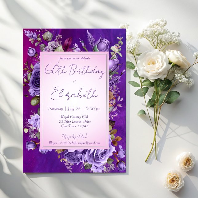 Convites Festa de aniversário de rosas roxas Elegante (Elegant purple lilac roses adults birthday party invitation cards template floral party invitations)