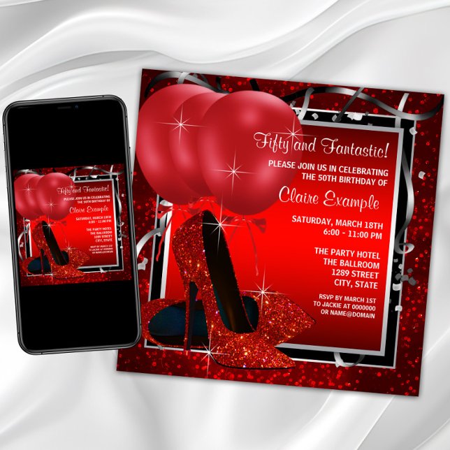 Convites Festa de aniversário de saltos altos, preto e verm (Womans red and silver birthday party invitation with red high heel shoes on a red and black back.)