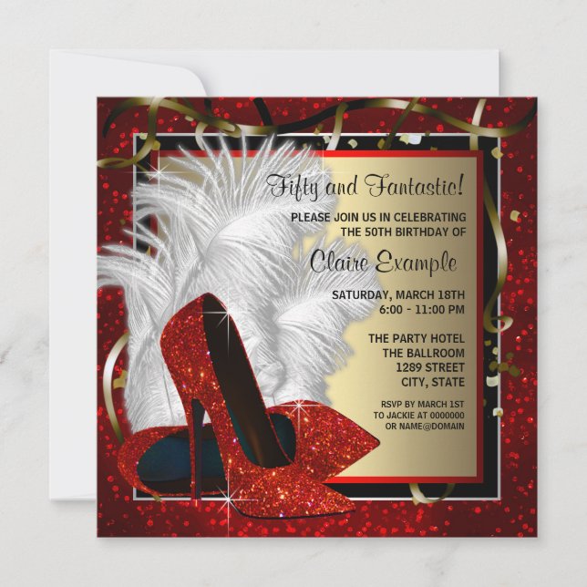 Convites Festa de aniversário de saltos altos, preto e verm (Frente)