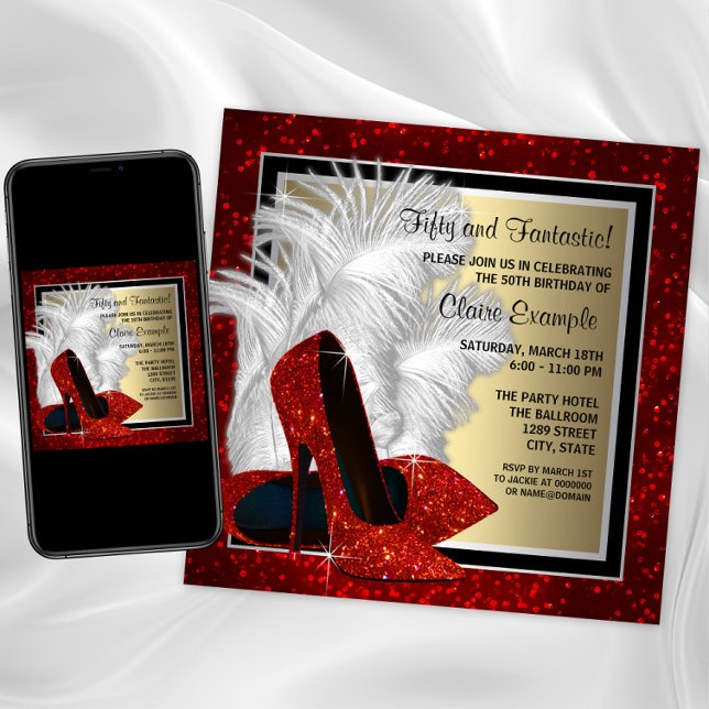 Convites Festa de aniversário de saltos altos preto e verme (Womans red high heel shoe birthday and any event invite. Download and printed invitations available.)