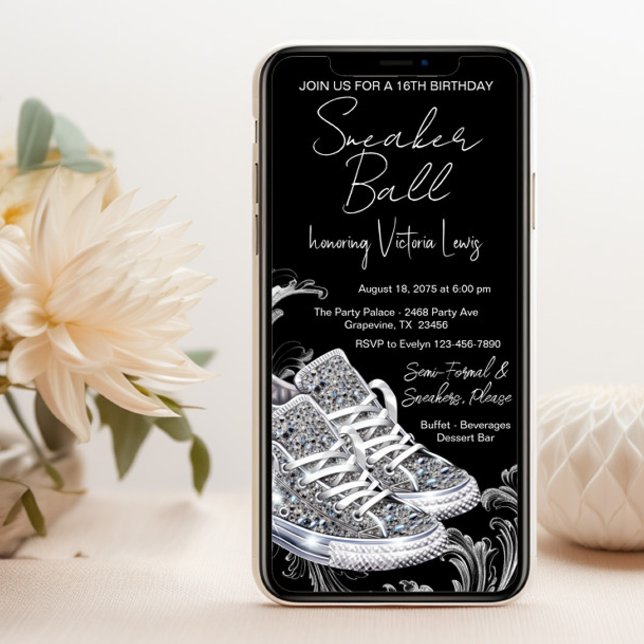 Convites Festa de Aniversário de Sapato de Diamante de Celu (Smartphone sneaker ball invitation. You can change the background color, wording, font, font color.)