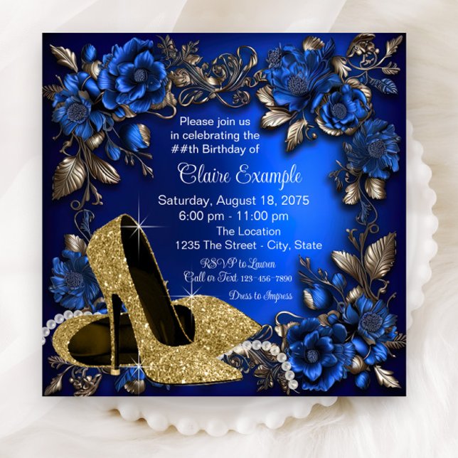 Convites Festa de Aniversário de Sapato Dourado Azul Royal  (Elegant royal blue gold floral shoe any number birthday party and event invitation.)