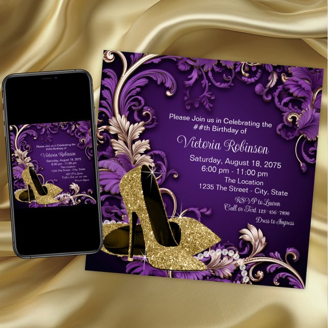 Convites Festa de Aniversário de Sapato Dourado Roxo de Mul (Purple gold shoe any event invitation. Instant download and printed invitations available.)