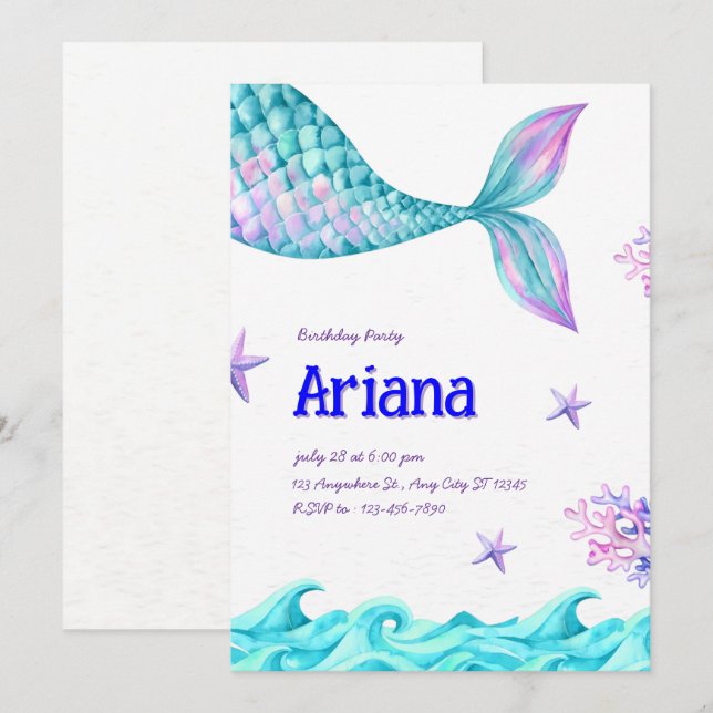 Convites Festa de aniversário de Sereia Mínima Azul e Roxa (Frente/Verso)