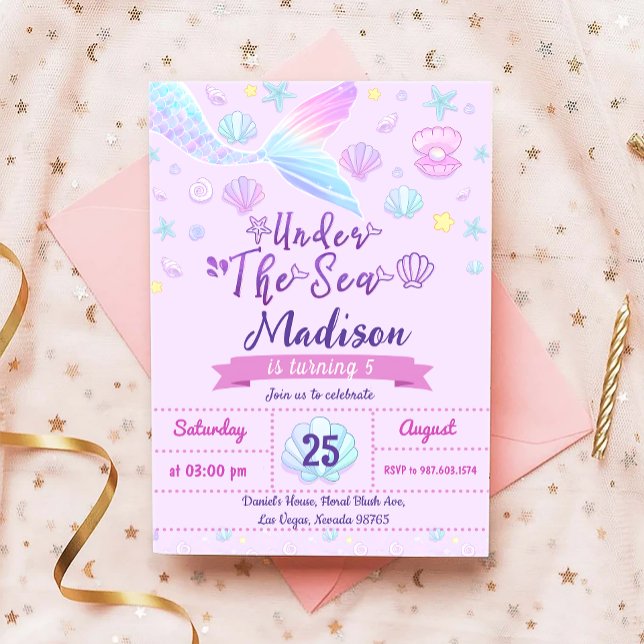 Convites Festa de aniversário De Sereia Sob O Partido Do Ma (Criador carregado)